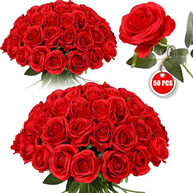 50PCS Artificial Silk Roses Flowers – Realistic Fake Roses in Bulk & Bouquet Long Stem Red Rose for Wedding Centerpieces, Home Decor, Floral Arrangements, Party Decoration (Red)