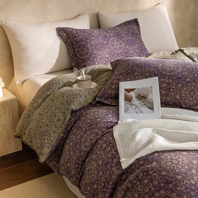 LifeTB Purple Green Floral Duvet Cover Queen Vintage Boho Medallion Bedding Set Queen 3 Pieces Jacquard Flower Comforter Cover Floral Yarn-Dyed Textured Linen Cotton Duvet Cover with 2 Pillowcases
