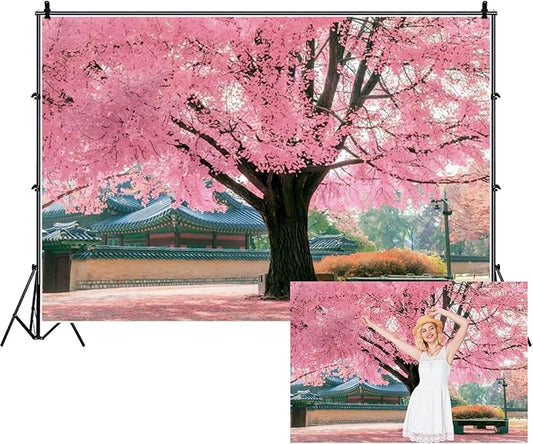 Renaiss 8x6ft Pink Cherry Blossom Backdrop Polyester Fabric Japan Cherry Floral Tree Landscape Palace Asian Themed Party Photography Background Wedding Birthday Party Decor Photo Booth Props
