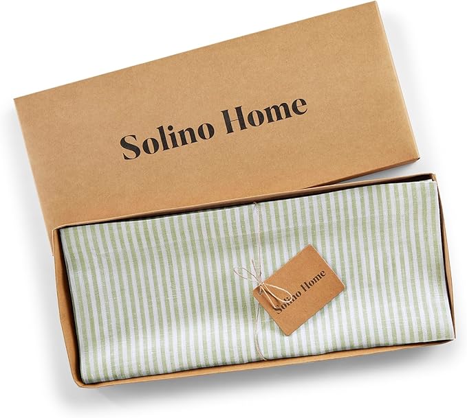 Solino Home Linen Table Runner 72 Inches Long - Narrow Stripe, 100% Pure Linen Avocado and White Table Runner 14 x 72 Inch for Dining, Dresser, Winter, Spring, St Patricks Day, Easter