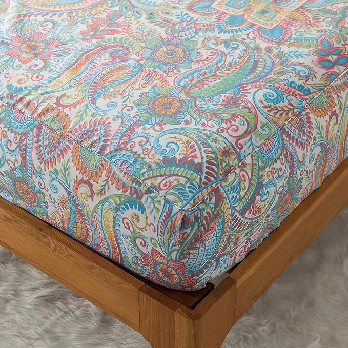 Zusbest King Size Sheets 100% Cotton Pink Green Paisley Floral Bed Sheet Set Watercolor Bedding Luxury Soft Breathable Crispy Cooling Percale Printed Sheet 17.5 Inches Deep Pocket Bed Set King, 4Pcs