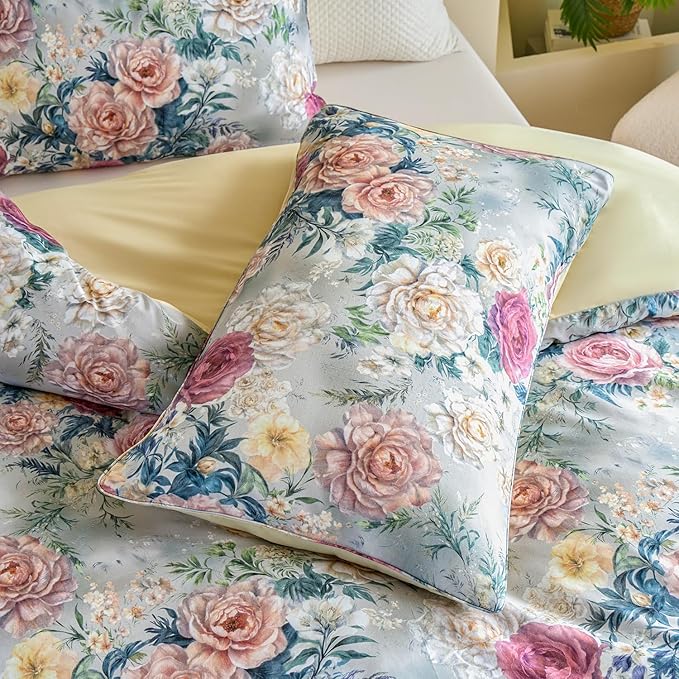 Blue Floral Duvet Cover Set 100% Percale Cotton King Size Shabby Vintage Chic Penoy Patterned Comforter Covers with Zipper，Soft & Breathable French Country Bedding 3Pcs-Not Comforter