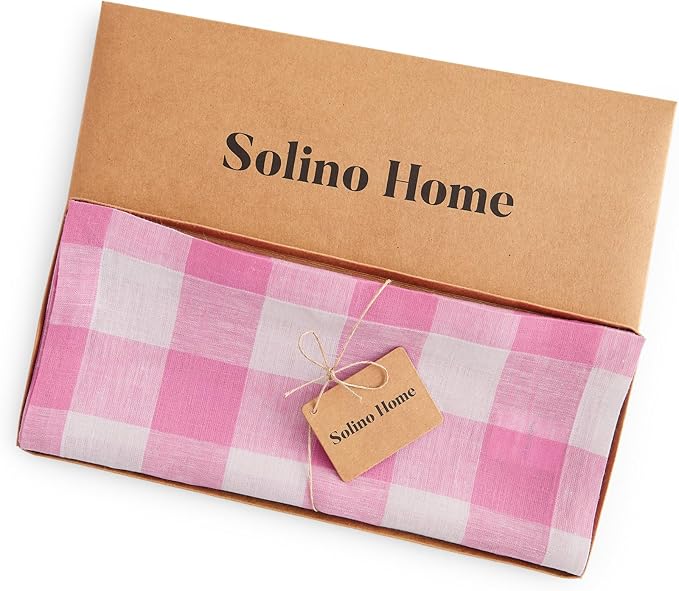 Solino Home Linen Checkered Table Runner 144 Inches Long - 100% Pure Linen Pink Begonia Buffalo Check Extra Long Table Runner 14 x 144 Inch Ideal for Dining, Valentines, Spring, Easter