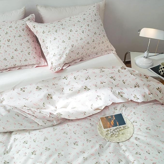 HighBuy Vintage Floral Comforter Set King Size White Pink Floral Bedding Sets Aesthetic Chic Flower Botanical Comforter Set for King Bed,1 Pink Floral Comforter with 2 Pillowcases,All Season