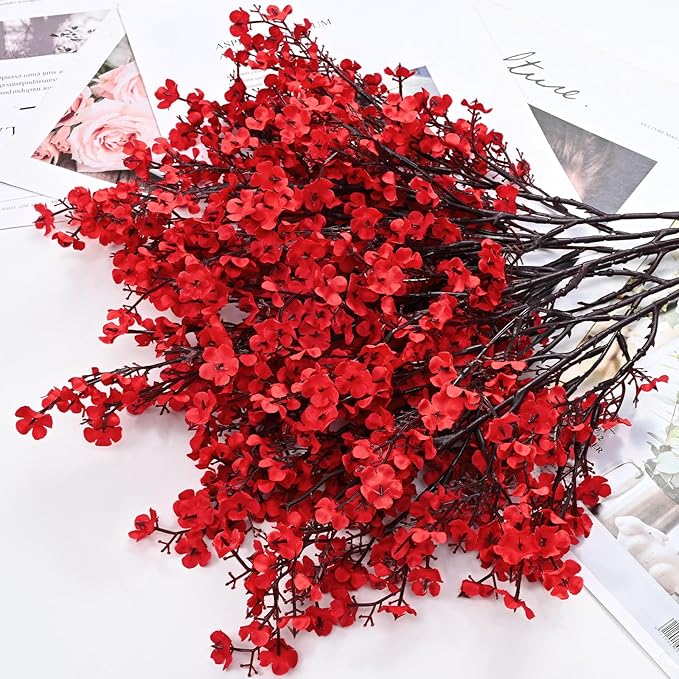 Yastouay Red Fake Flowers, 15Pcs Real Touch Silk Flowers Faux Artificial Flowers for Decorations, Babys Breath Artificial Flowers Bulk for Spring Decor Floral Arrangement