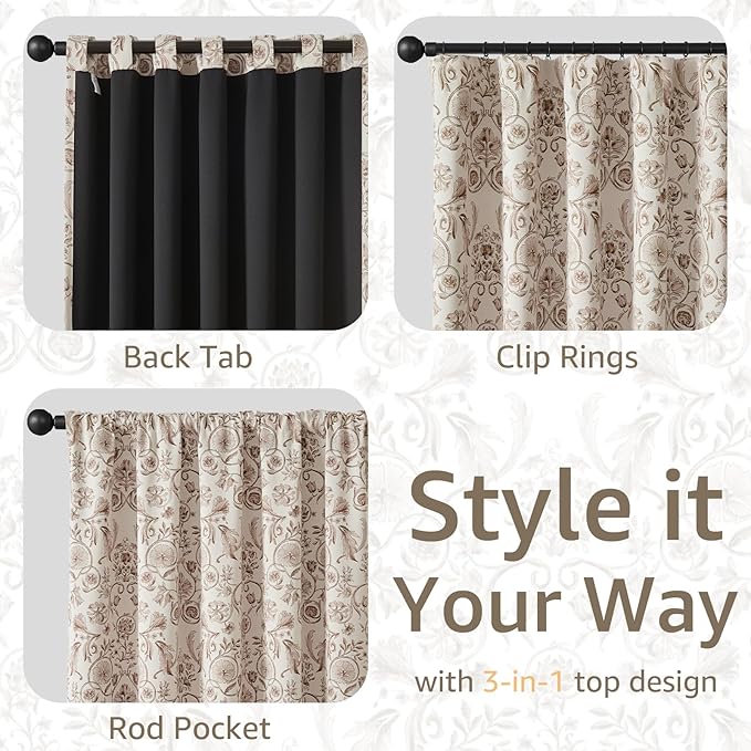 jinchan Floral Blackout Curtains for Bedroom Living Room 96 Inches Length Farmhouse Curtains Room Darkening Vintage Drapes Traditional Rod Pocket Window Treatment 2 Panels Set Taupe on Beige