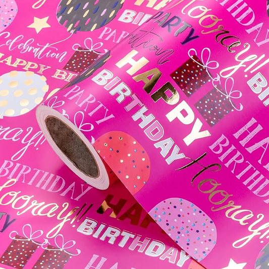 WRAPAHOLIC Birthday Wrapping Paper - Mini Roll - 17 Inch x 16.5 Feet - Gold Foil Hot Pink Happy Birthday Wrapping Paper for Kids, Girls, Women, Baby Shower