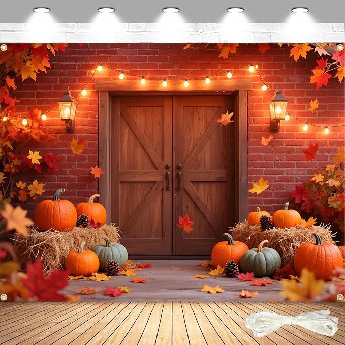 Large 7x5FT Fall Autumn Backdrop – Fall Photography Background with Pumpkin, Maple Leaves & Barn Wood (Includes 19.68FT Ribbon) – Thanksgiving, Friendsgiving, Harvest Party Decor, Photo Booth Props
