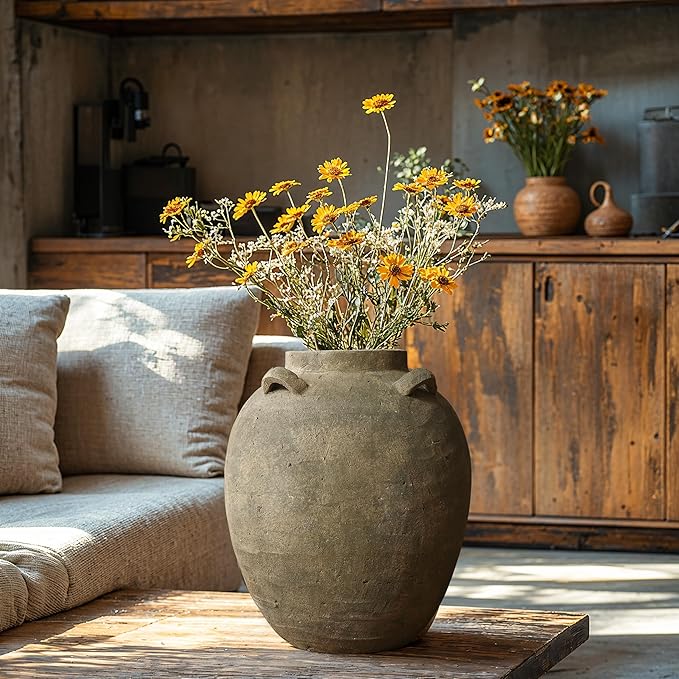 LuxenHome Rustic Ceramic Flower Vase,15 Inch Tall Brown Terracotta Cauldron Vase for Living Room Decor，Large Floor Vase Home Décor Accents,Round Vintage Pottery Vases Home Decor