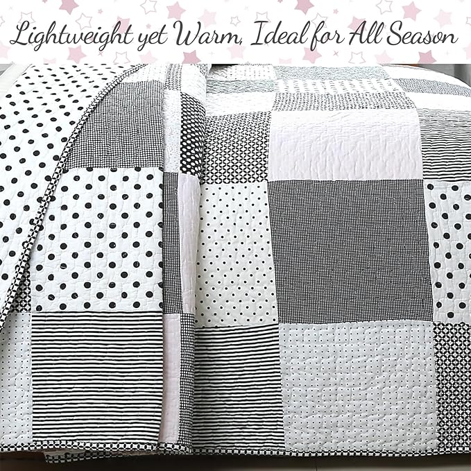 Cozy Line Home Fashions Black White Pink Polka Dots Striped Star Girl 100% Cotton Reversible Quilt Bedding Set, All-Season Coverlet Bedspread (Black Pink, Twin - 2 Piece)