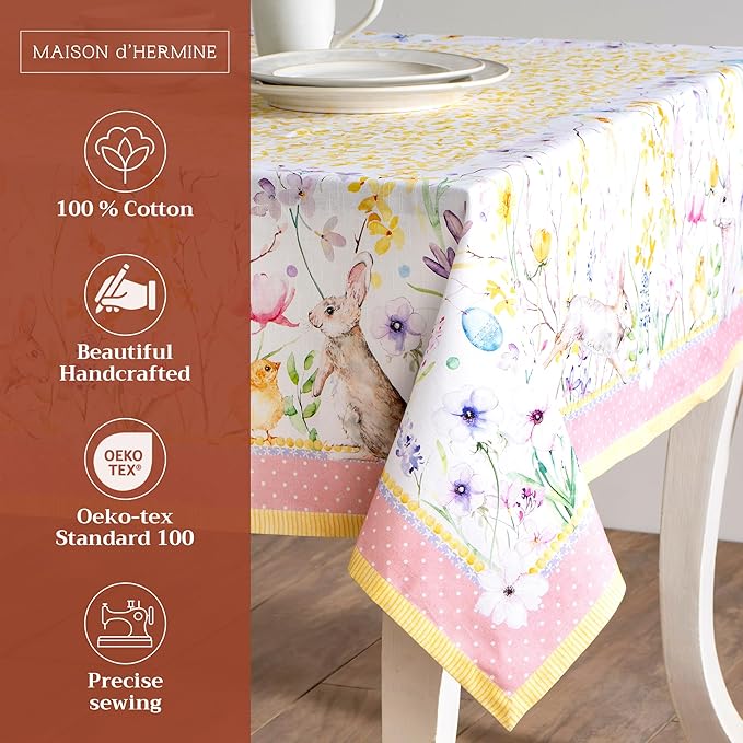 Maison d' Hermine Table Cloth Square Table 100% Cotton 60 x 60 Inches Tablecloth Reusable Decorative Everyday Use for Dining Room, Farmhouse, Home, Party, Festive & Wedding Spring Summer - Easter Zest