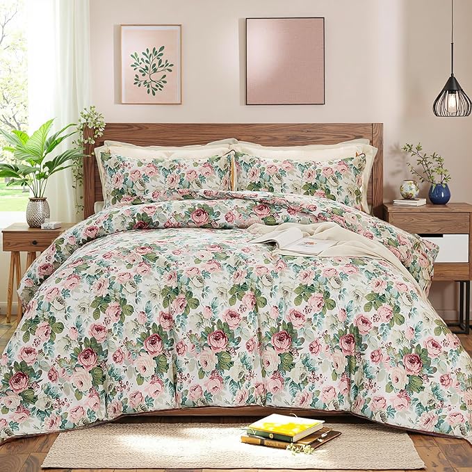 Rose Red Floral Queen Bedding Romantic Girls Comforter Set Soft Botanical Vintage & Country Home Decor for All Season