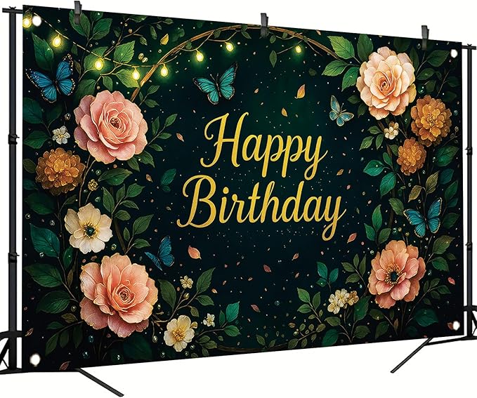 Greenery Birthday Backdrop Sage Green Floral Butterfly Banner String Lights Party Decorations Photography Background for Women Girls Birthday Supplies Photo Booth Prop 71 x 43 Inch