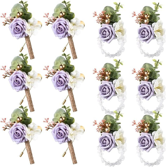 12 Pcs Wedding Wrist Corsage and Boutonniere Set Rose Wrist Corsage for Prom Boutonniere for Men Wedding Flowers Accessories Prom Suit Decorations for Wedding Ceremony (Light Purple)