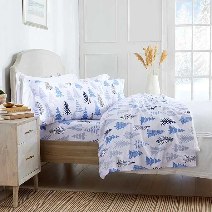 Market & Place 100% Turkish Cotton Flannel Sheet Set | 3 Piece Deep Pocket Novelty Cozy Winter Bed Sheets | Double Brushed for Extra Softness & Comfort | Alpine Collection (Twin, Blue Forest)