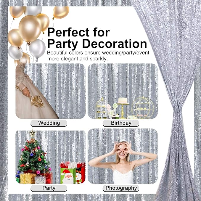 Silver Sequin Backdrop 8FTx8FT 1 Panel Glitter Photo Background for Wedding Baby Shower Parties Christmas Birthday