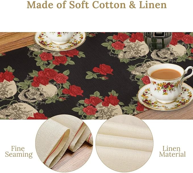 Gothic Table Runner,Red Rose Skull Print Table Runner for Home Kitchen Table Dining Garden Farmhouse Wedding Party Decor 13x120 Inch
