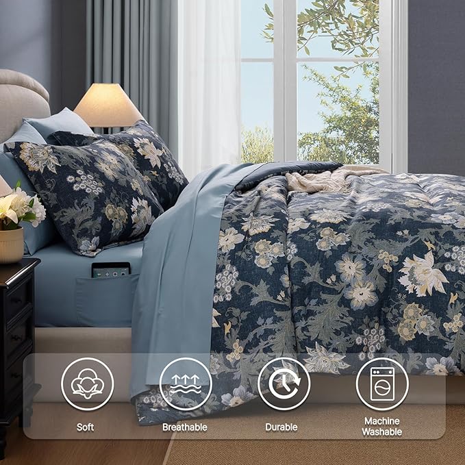 King Comforter Set -7 Pieces Floral Navy Blue Comforter Set for All Seasons, Bed in a Bag King with Botanical Flowers Comforter, Sheets, Pillowcases & Shams