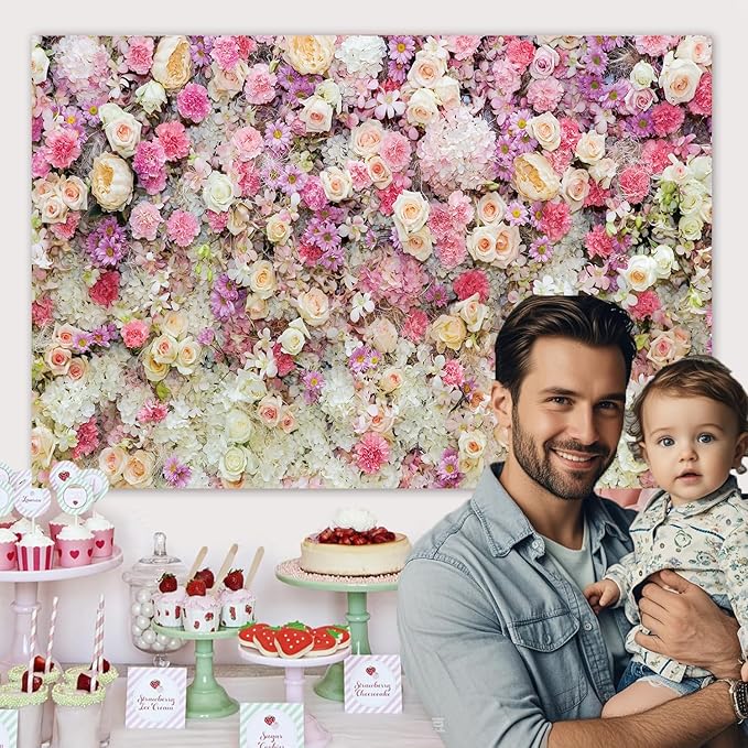 12x10ft Pink Rose Floral Flower Wall Backdrop Girls Wedding Birthday Bridal Shower Kids Portrait Background Photoshoot Cake Table Tea Party Photoshoot Decorations Photo Studio Props