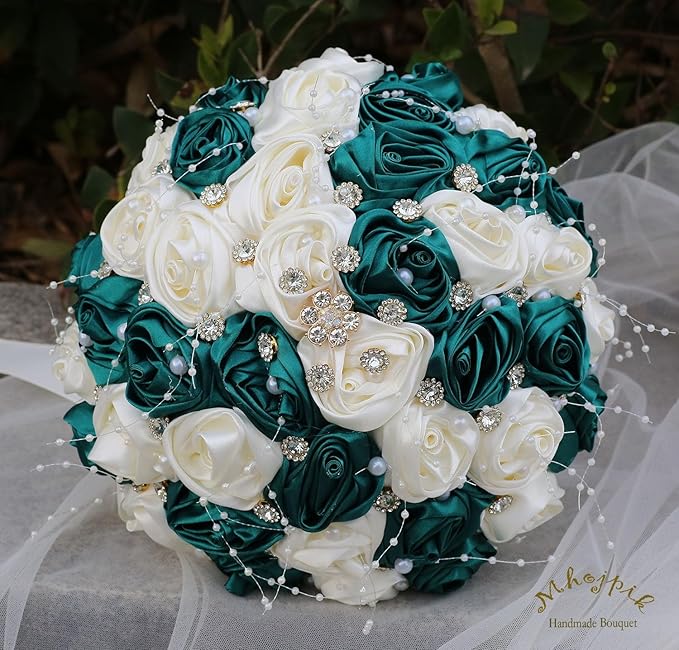 Bridal Wedding Bouquet Round Bling Brooch Bouquet Throw Toss Artificial Rose Flower Bunch for Bride Bridesmaid Wedding Quinceanera(Dark Green & Ivory, 8.7")