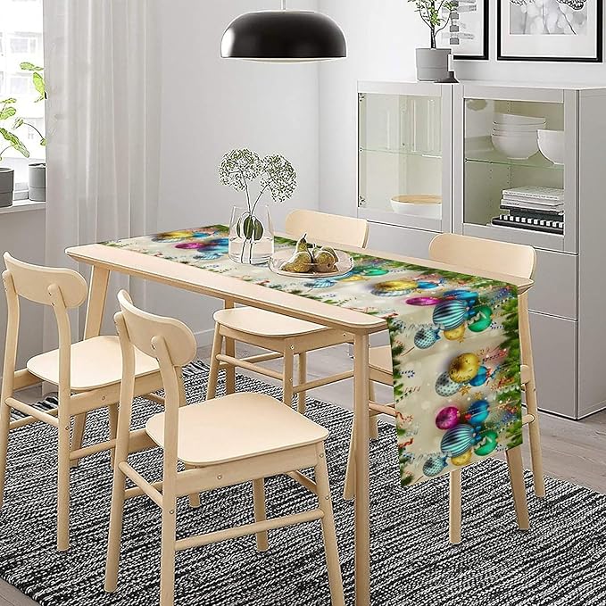 Christmas Table Runner,Colorful Balls Xmas Tree Snowflake Pattern Print Tablecloth Burlap for Hotel Indoors Outdoor Dining Room Kitchen Home Decor,W13X L80 in
