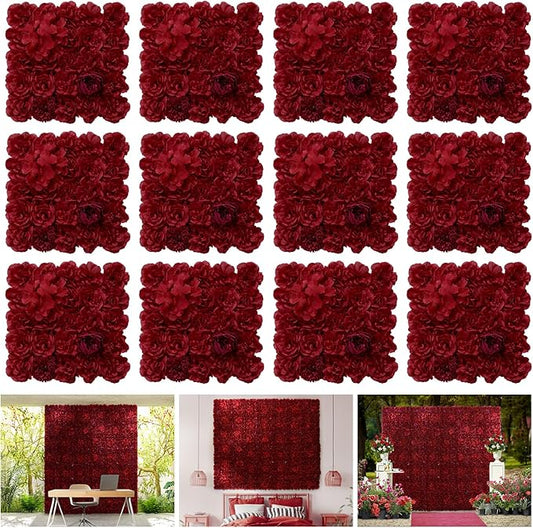 Flower Wall Panel 12 pcs 16.5x16.5 Inch Floral Wall Backdrop Artificial Silk Rose Wall Decor Ideal for Wedding Celebrations, Festive Party Backdrops, and Home Decor-Maroon