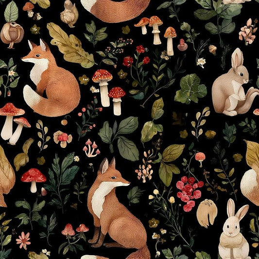 Vintage Fox Rabbit Mushroom Peel and Stick Wallpaper Removable Whimsical Botanical Leaf 17.7" x 118.11" Wall Paper Watercolor Self Adhesive Contact Paper for Classroom Bedroom laundry room bathroom