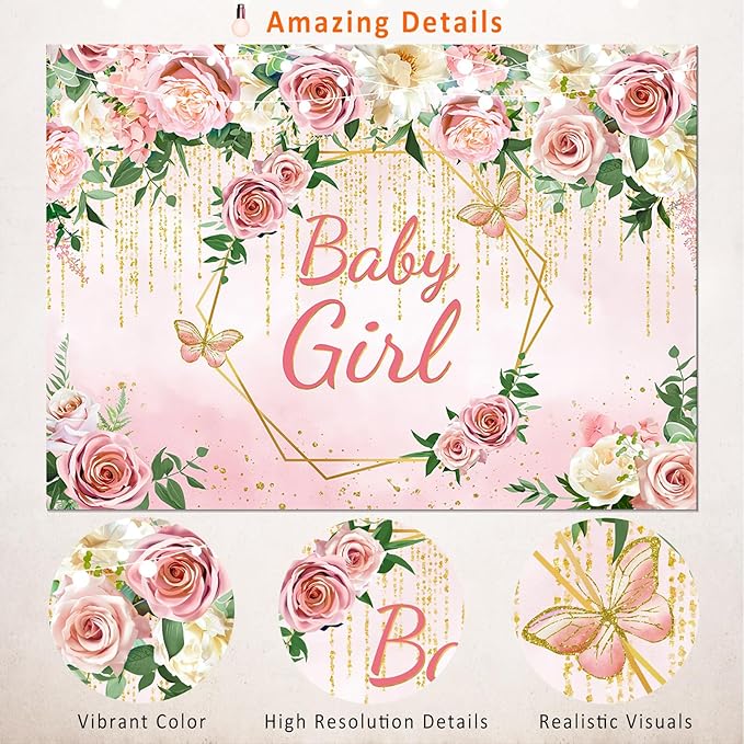 Pink Floral Baby Girls Baby Shower Backdrop Party Decorations,Blush Rose Flowers It's Baby Girl Backdrops Banner Photography Background Princess Baby Shower Party Photo Booth Supplies 10x7ft
