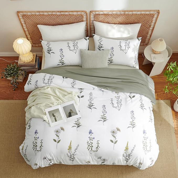 Nayoroom Floral Duvet Cover Queen Size White Green Botanical Flower Cottagecore Bedding Set 3 Pieces Soft Lightweight Reversible Aesthetic Duvet Cover with Zipper Closure