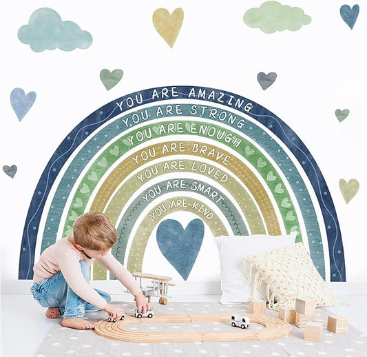 Watercolor Rainbow Wall Sticker Peel and Stick Kids Nursery Wall Decor Stickers Boho Blue Inspirational Walls Decals for Boys Bedroom You Are Decal Motivational Vinyl Art Murals for Baby Room Playroom