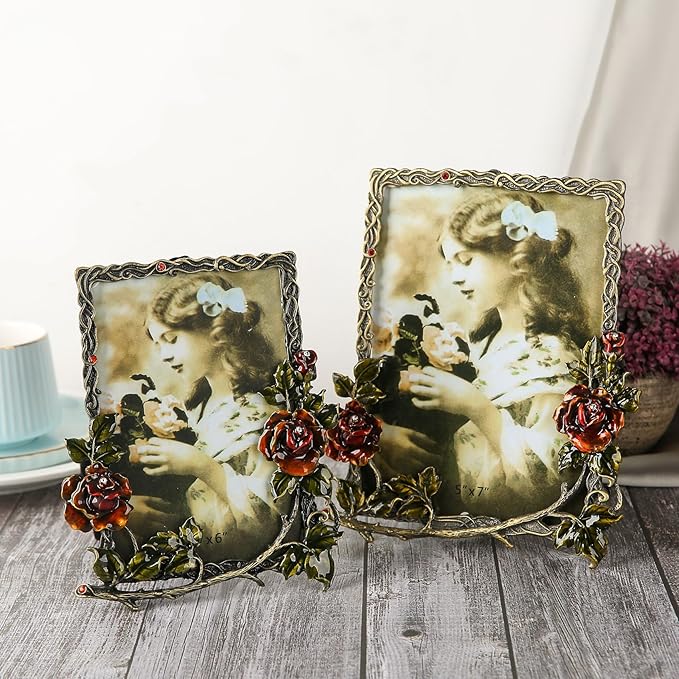 5x7 Picture Frame Vintage Decor Ornate Red Rose Flower Antique Photo Frame with Glass Front Metal Brass Art Table Top Decor for Valentines Wedding Anniversary Birthday Mothers Day Gifts