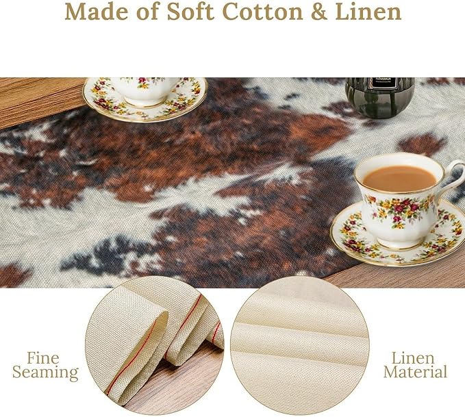 Cow Print Table Runner, Brown Cowhide Print Western Style Table Runner Country Farmhouse Cottage Cow Patten Table Decoration for Home Kitchen Dining, 13x36 in