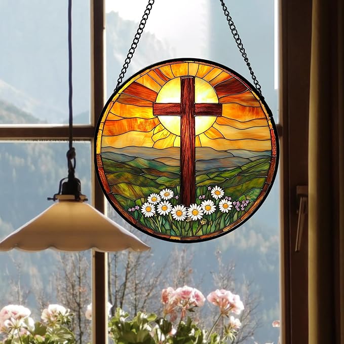 Christian Gifts for Women - Cross Stained Glass Window Hanging Easter Daisy Natural Landscape Sun Catcher Garden Religion Decor Mother's Day Catholic Gift for Men Grandma Mom Her Nana 11.8"