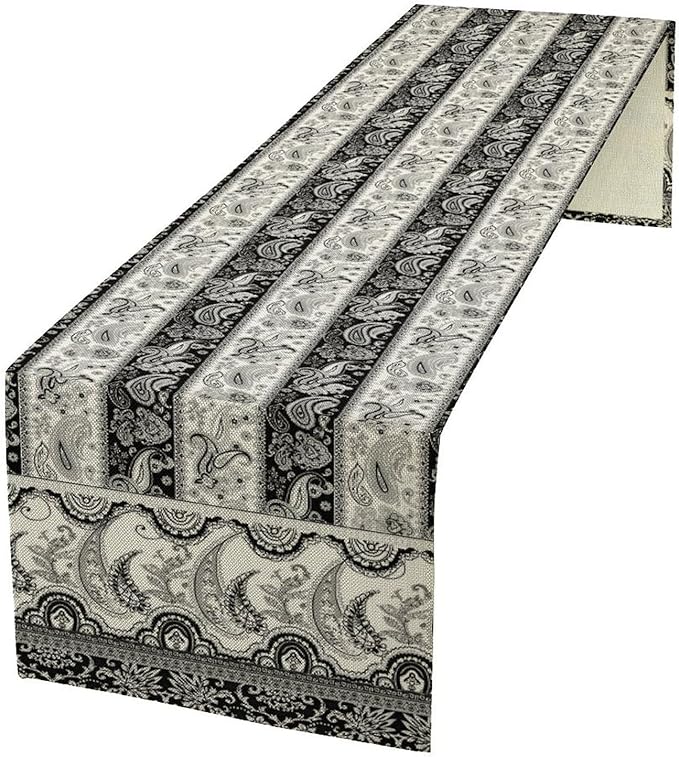 Vintage Bohemian Table Runner, Striped Black Grey Paisley Flower Boho Table Runner for Kitchen Dining Holiday Home Party, 13x36 Inch