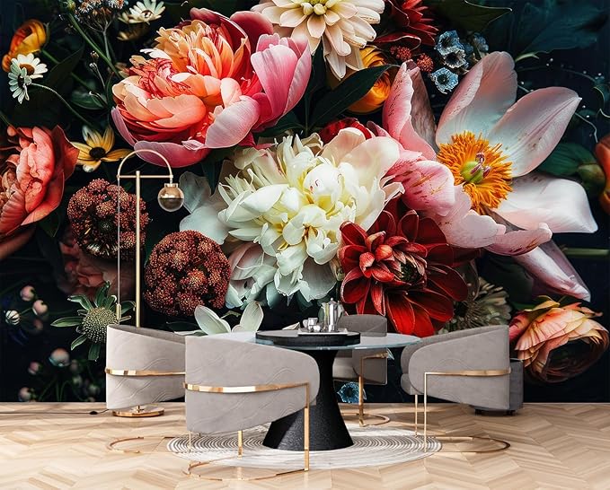 Large Floral Wallpaper Dark Peony Flowers Wall Mural for Living Room Bedroom（Not Peel and Stick）