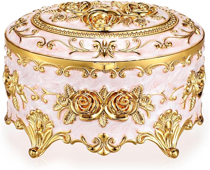 Hipiwe Vintage Metal Jewelry Box - Oval Trinket Organizer Ring Box Case with Rose Pattern Jewelry Storage Box for Ring Earrings Necklace, Gift for Women