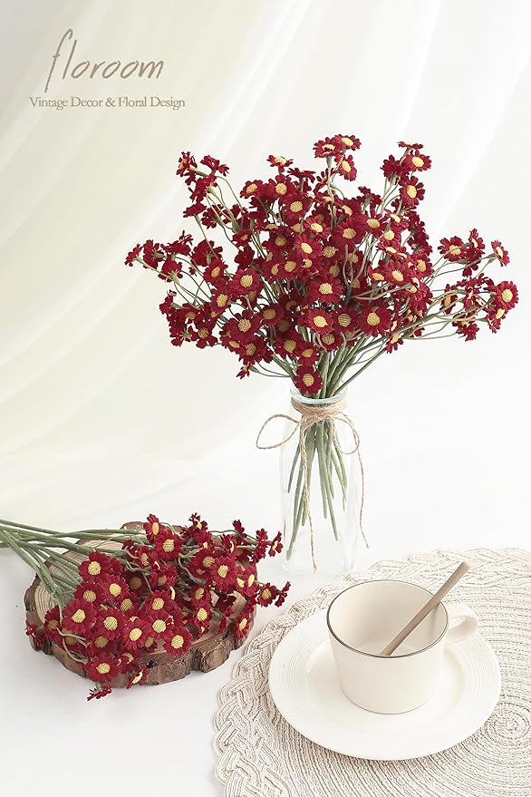 Floroom 24pcs Burgundy Small Artificial Flowers Faux Silk Daisies Fake Wildflowers with Stems for DIY Red Wedding Bouquets Floral Arrangements Party Decor Centerpieces Decorations (Vase Not Included)