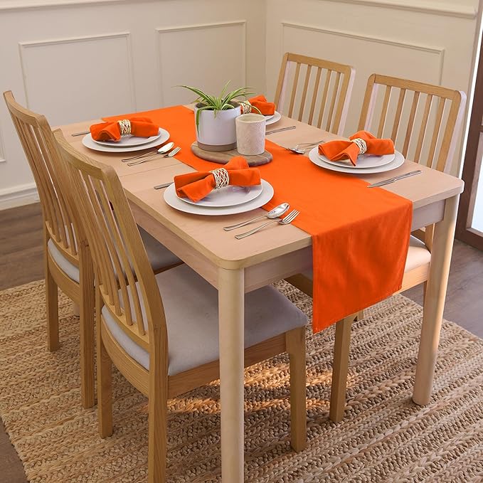 Encasa XO Table Runner 13"x59" Long | Cotton Canvas Fabric | Orange Solid Color | Machine Washable & Durable