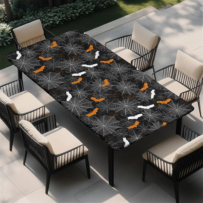 Rectangle Table Cloth Cover Waterproof Elastic Fitted Polyester Fitted Tablecloths for 4 Foot Tables for Indoor,Picnic, Camping, Outdoor （48" x 30"，Halloween）