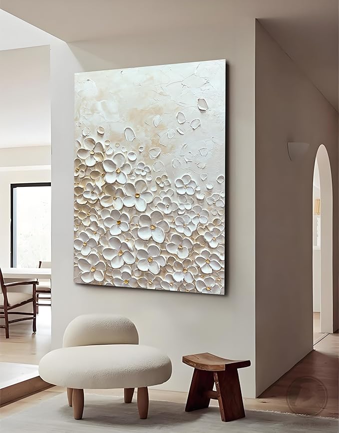 moshinart 24 x 36in Hand-Painted Oil Painting 3D Texture Black White Grey Modern Minimalist Black Abstract Wall Art, Home Office Wall Decoration Mini Flower