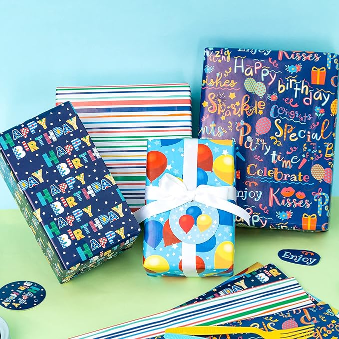 WRAPAHOLIC Birthday Wrapping Paper Sheet - 12 Sheets Folded Flat with 12 Gift Tags for Party, Baby Shower - 19.7 Inch X 27.5 Inch Per Sheet