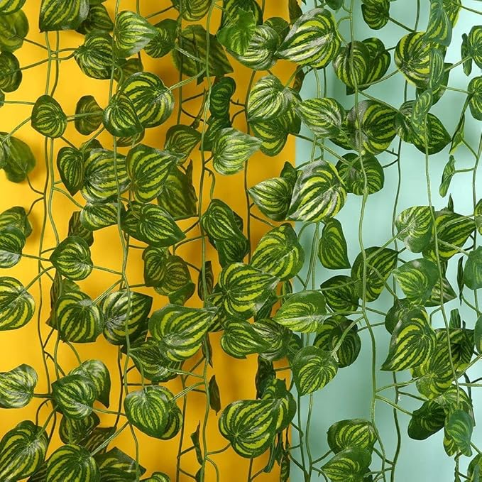 168 feet Artificial Vines Greenery Garland Fake Hanging Leaves Faux Foliage Plants for Wedding Party Garden Home Kitchen Office Wall Decorations (Watermelon/24 Strands)