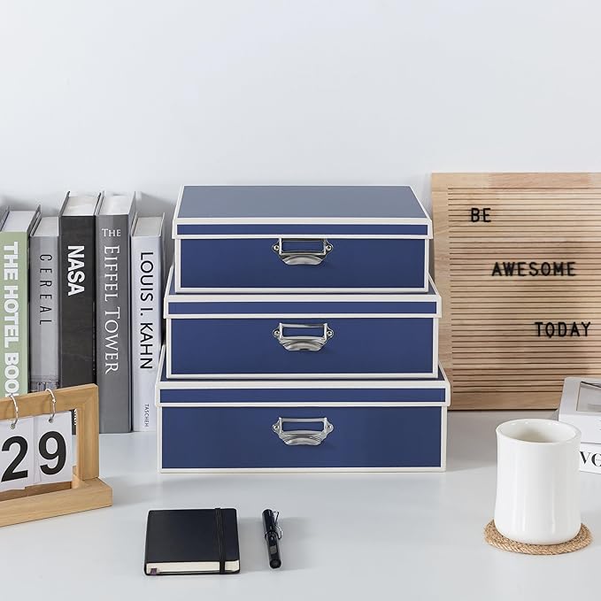 Soul & Lane Decorative Cardboard Storage Boxes with Lids and Label Holders - Set of 3, Memory Boxes for Keepsakes, Office Photo Storage for Pictures, Photo Albums, Documents, Stationery, Heritage Blue