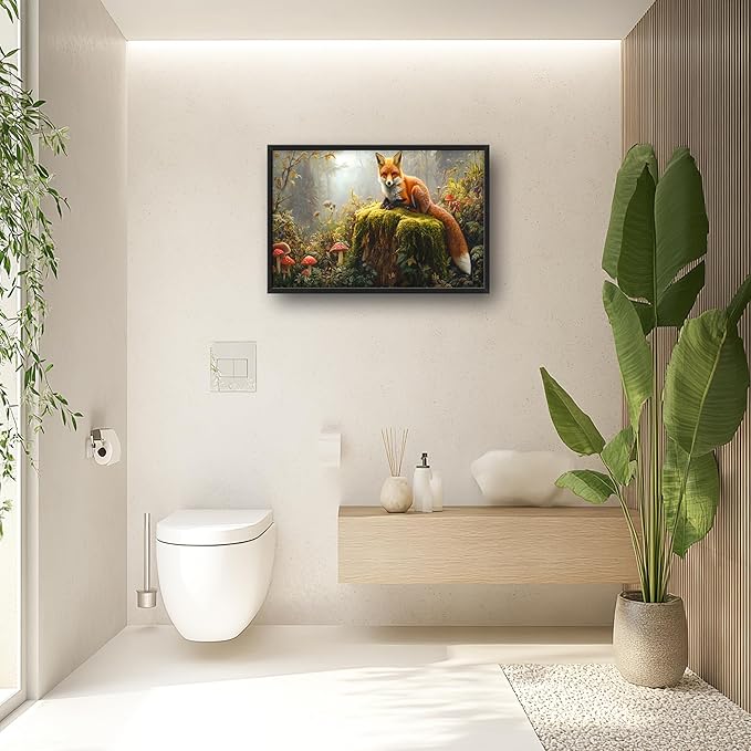 Forest Fox Large Wall Art Framed Rustic Wall Decor for Living Room Fox Mushroom Pictures Oversized Canvas Print Painting Modern Extra Large Framed Artwork for Bedroom Office 36"x24"