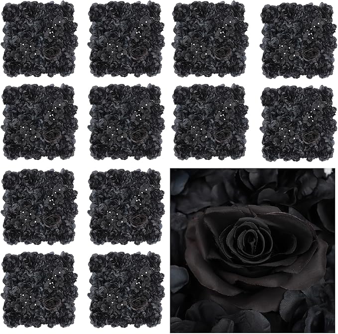 12 Pack Flower Wall Backdrop, 15x15 Inch Artificial Flower Wall Panels Black 3D Floral Backdrop Walls Silk Hydrangea Rose Walls for Decor Wedding Party