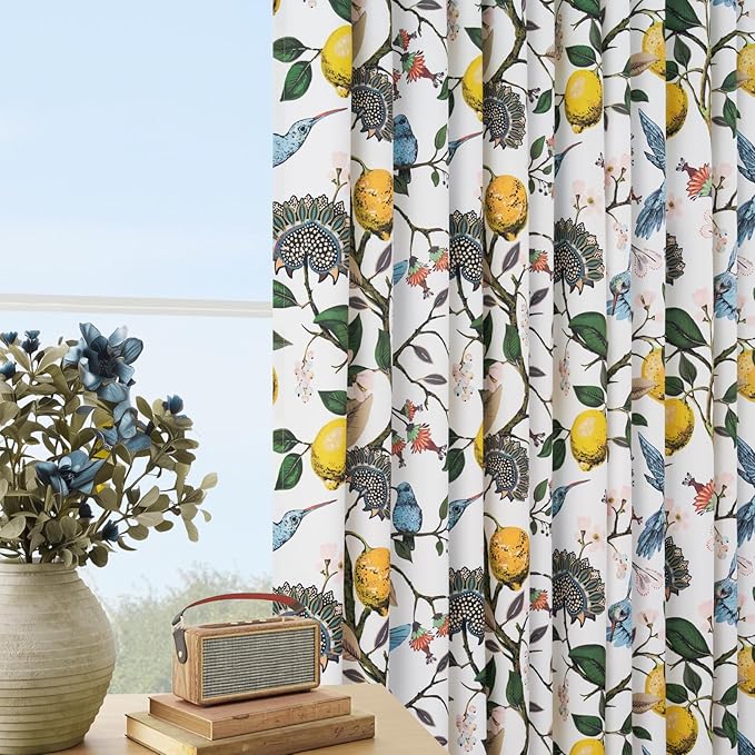 Boho Floral Curtains for Bedroom 63 inch Long 2 Panels Mid Century Botanical Aesthetic Pinch Pleated Drapes,Flower Lemon Bird Printed Thermal Insulated Room Darkening Window Drapes