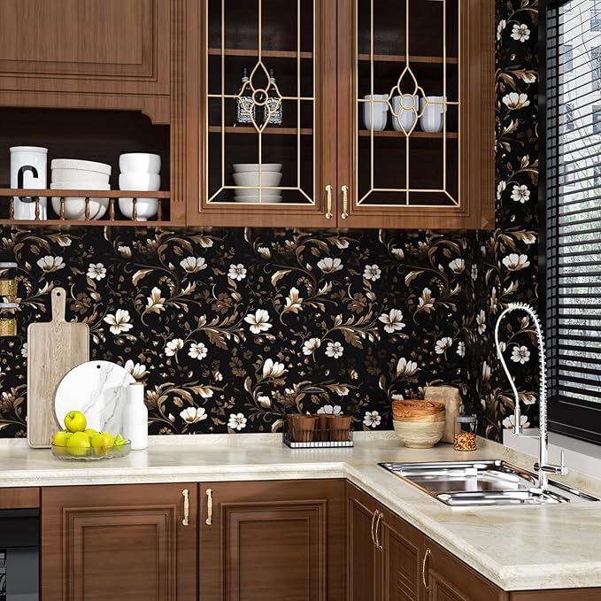 Vintage Wallpaper Peel and Stick Black Floral Wallpaper Black White Wall Paper Vintage Leaf Contact Paper Waterproof Self-Adhesive Wall Covering for Bedroom Countertop Desk Cabinet 17.4" x 393"