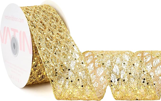 VATIN 2-1/2" Gold Christmas Ribbon, Gold Glitter Mesh Diamond Web Sequin Dots Wired Christmas Ribbon for Gift Wrapping Bow Making Wreath Supply-10 Yards