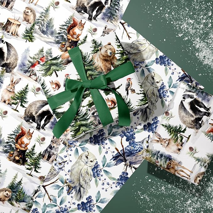 WRAPAHOLIC Kraft Christmas Wrapping Paper Roll - Mini Roll - 3 Rolls - 17 Inch x 120 Inch Per Roll - White Wild Animals Winterfall Watercolor Holiday Collection