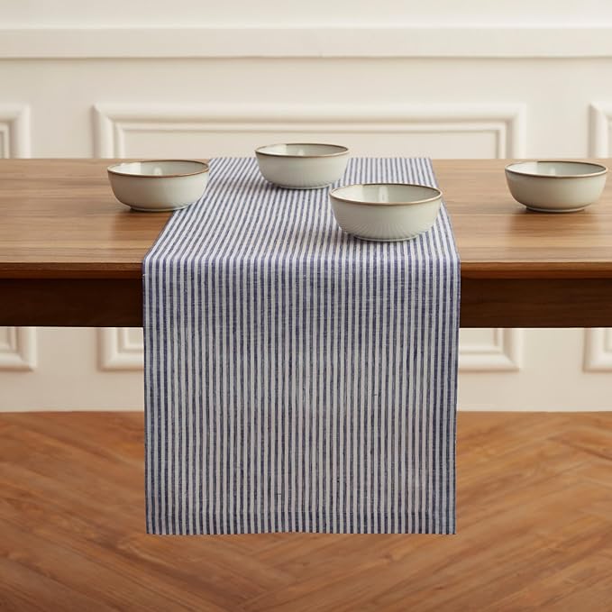 Solino Home Linen Table Runner 72 Inches Long - Narrow Stripe, 100% Pure Linen Navy and White Table Runner 14 x 72 Inch for Dining, Dresser, Spring, Easter